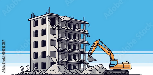 Excavator demolishing a damaged building in a clear blue sky
