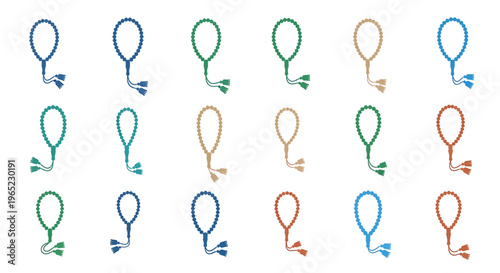 Collection of prayer beads in various colors, representing faith and spirituality.