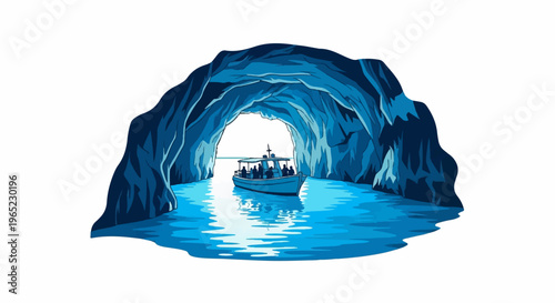 Boat tour through a dark blue sea cave with people aboard