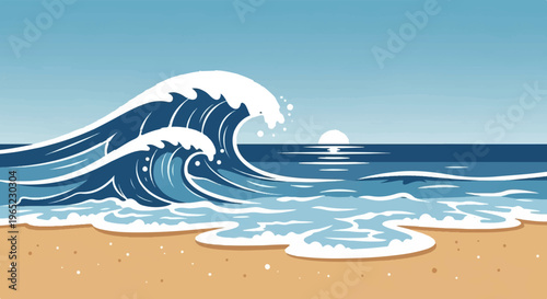Large breaking waves crash onto a sandy beach under a clear sky