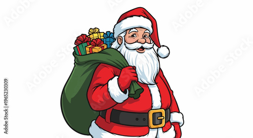 Cheerful animated figure in red suit, white beard, carrying a sack of presents over shoulder