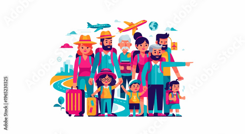 Diverse family group with luggage and travel imagery