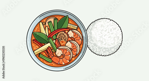 Flavorful shrimp soup with vibrant vegetables beside a mound of rice