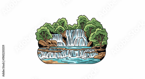 Lush green trees surround a cascading multi-tiered waterfall