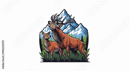 Majestic stag and doe stand tall against a backdrop of snow-capped mountains