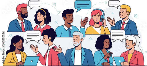 Diverse group of people communicating via speech bubbles and devices