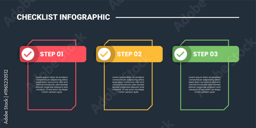 Checklist infographic process diagram with simple box table with header badge on top with folder outline shape with dark background bright outline style 3 points