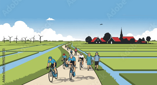 People cycling and walking through a Dutch landscape with windmills and farms