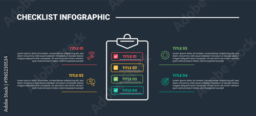 Checklist infographic process diagram with clipboard on center with rectangle box list and quadrant structure information with dark background bright outline style 4 points