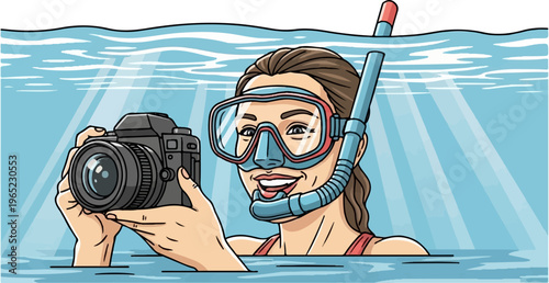 Person underwater with snorkel and camera, capturing the view