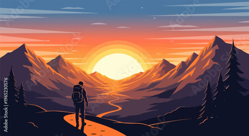 Pixel art hiker watches vibrant sun descend over mountain valley