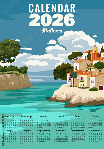 Monthly 2026 Calendar Vintage travel poster Mallorca Spain, tropical resort
