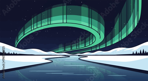 Pixelated night scene with vibrant green aurora borealis over a frozen landscape
