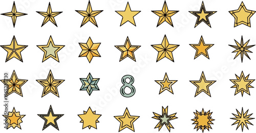 Collection of golden stars and a number eight symbol, a celestial motif