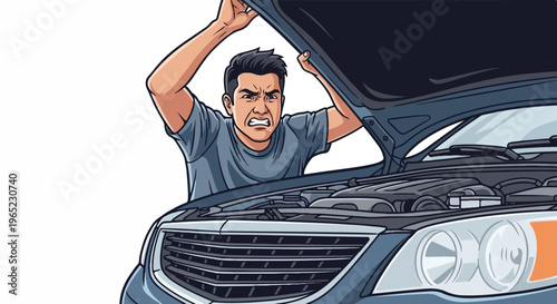 Frustrated man stares at car engine under open hood, arms raised