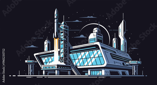 Futuristic spaceport launching a rocket against a starry night sky