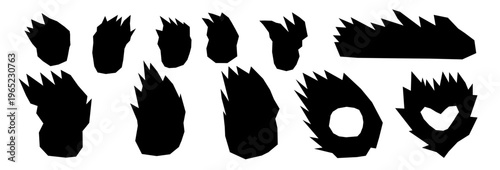 Fire and burned heart text box paper cutouts silhouette icons. Doodle scrap cut flames vector illustration set. Collage elements for bold designs. Scrapbook bonfire elements set isolated no bg.