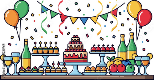 Festive celebration with tiered cake, balloons, bunting, drinks, cupcakes, and fruit