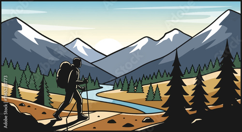 Hiker trekking through a scenic mountain valley with a river and sun