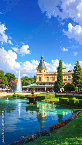 A large yellow building with a gray roof beside a pond and fountain