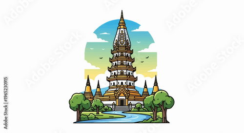 Golden temple with tiered pagoda, lush trees, and a winding river