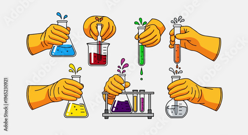 Hands in yellow gloves perform experiments with colorful liquids in lab glassware
