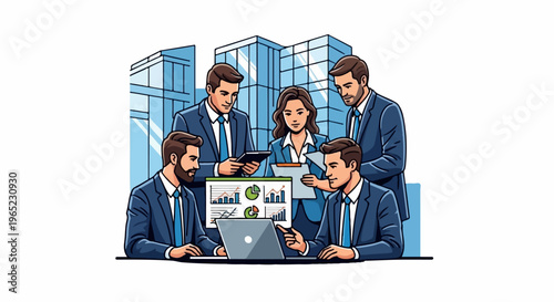 Five professionals in suits collaborate around a laptop displaying charts