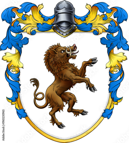 A boar coat of arms or crest family heraldry medieval heraldic animal knight shield. With helmet and acanthus filigree scroll ornament in a vintage woodcut style.