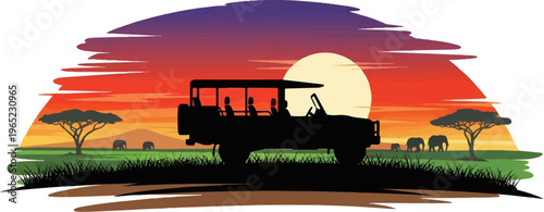 Safari vehicle with people at sunset on African savanna with elephants and trees