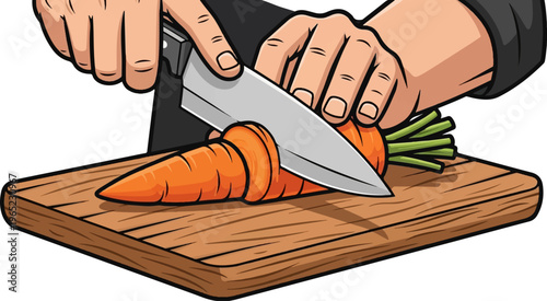 Hands chop a fresh carrot on a wooden cutting board with a sharp knife