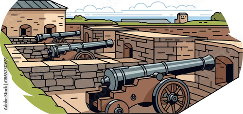 Historic fortress with cannons aimed at the sea under a cloudy sky