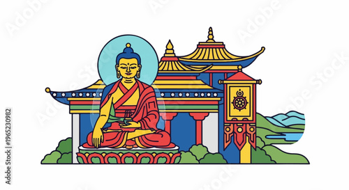 Serene Buddhist figure meditates amidst colorful temple architecture