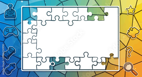 Jigsaw puzzle frame with gaming icons and abstract background
