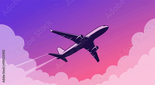 Silhouette of an airplane ascending through fluffy clouds against a vibrant gradient sky