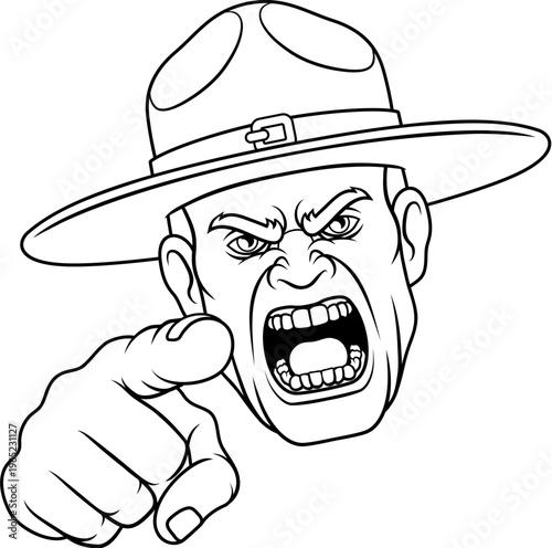 An angry drill instructor or sergeant bootcamp army soldier cartoon character