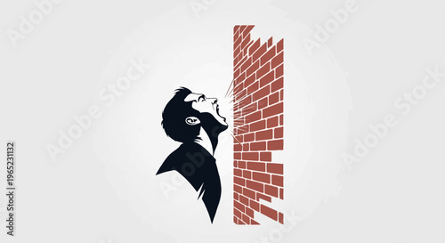 Man shouting with great force at a crumbling brick wall