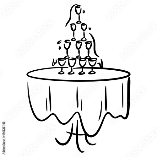 Hand-Drawn Wedding Reception Table Doodle, Cute Banquet Table Outline with Wine Glasses for Marriage and Event Design.