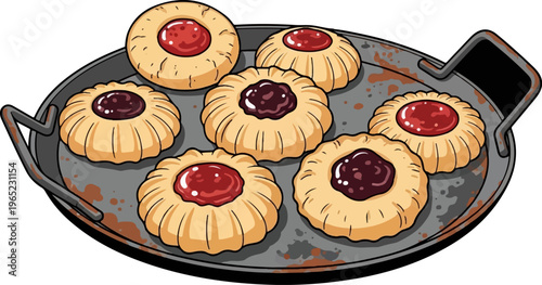 Six cookies with jam filling on a rustic baking tray