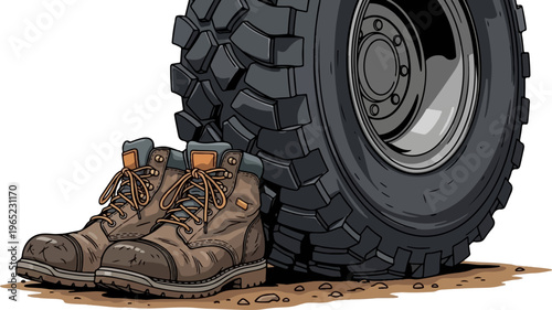 Sturdy work boots rest beside a large vehicle tire on dirt
