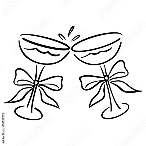 Hand-Drawn Wedding Toasting Wine Glasses Doodle, Cute Cheers Champagne Coupes with Ribbon Bows for Marriage Celebration.
