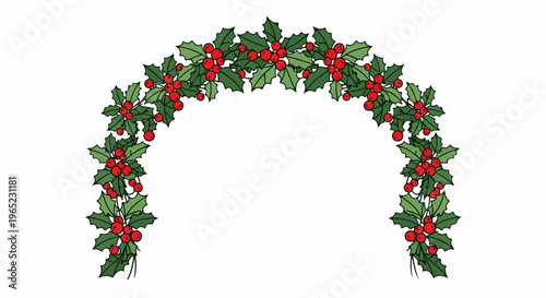 Festive holly garland with red berries and green leaves forms an arch