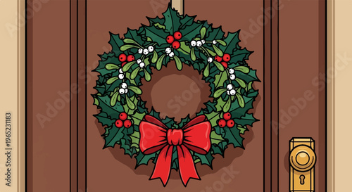 Festive holiday wreath adorns a closed wooden door with a brass doorknob