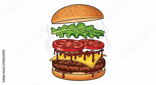 Exploded view of a juicy cheeseburger with lettuce and tomato