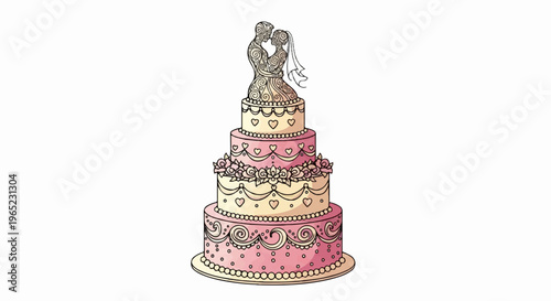 Ornate, multi-tiered wedding cake with kissing couple topper and floral adornments