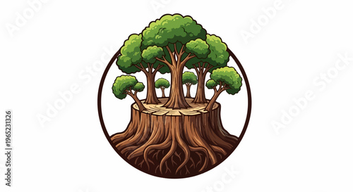 Stylized illustration of a tree stump with multiple new trees growing from its top