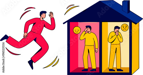 A man runs away from two people inside a house with sad faces.