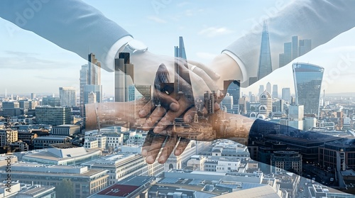 Multiple hands joined together against a city backdrop, symbolizing collaboration and business unity.