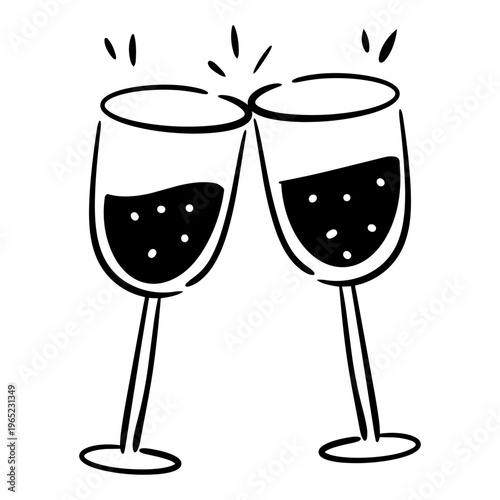Hand-Drawn Wedding Toasting Wine Glasses Doodle, Cute Cheers Champagne Coupes with Ribbon Bows for Marriage Celebration.