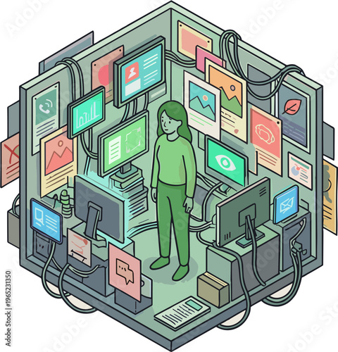 A woman surrounded by multiple computer monitors and various screens displays in a cluttered room.