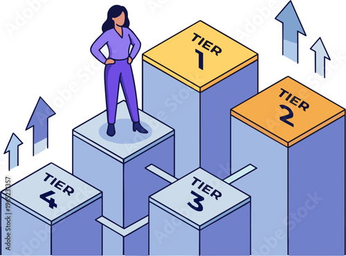 Businesswoman standing on a tiered podium with arrows pointing up